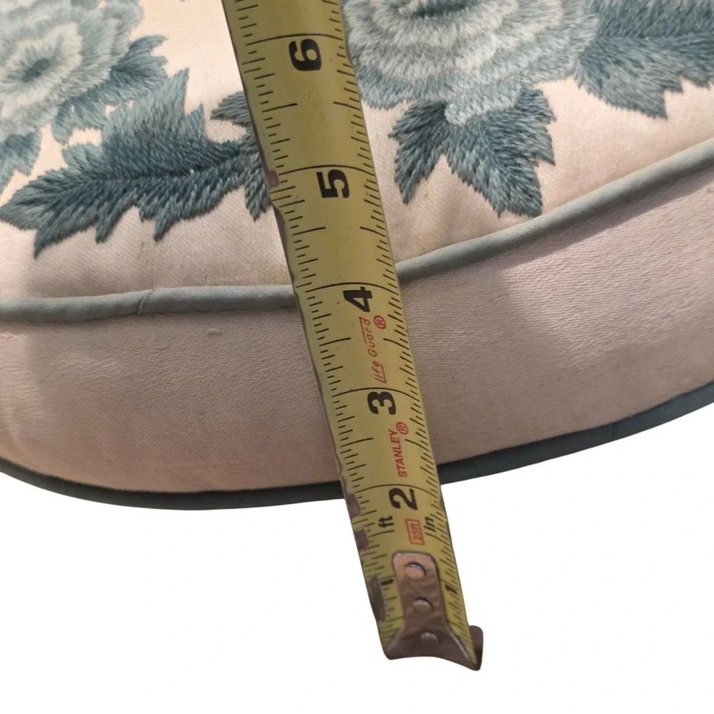 Vintage Asian Round Silk Embroidered Pillow Pagoda Landscape Style Green 14.5in
